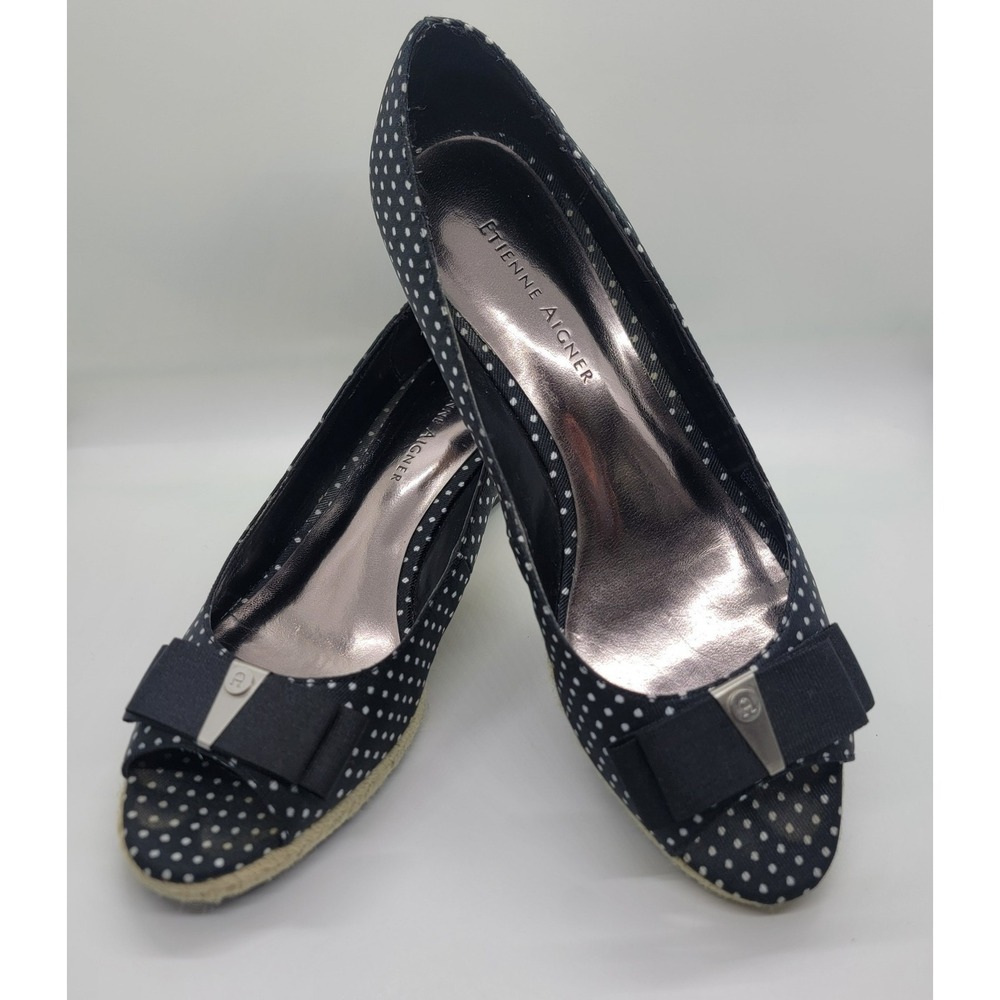 Etienne Aigner Kambell Wedges Women 7M Polka Dot Cork Peep Toe Bow Logo Black